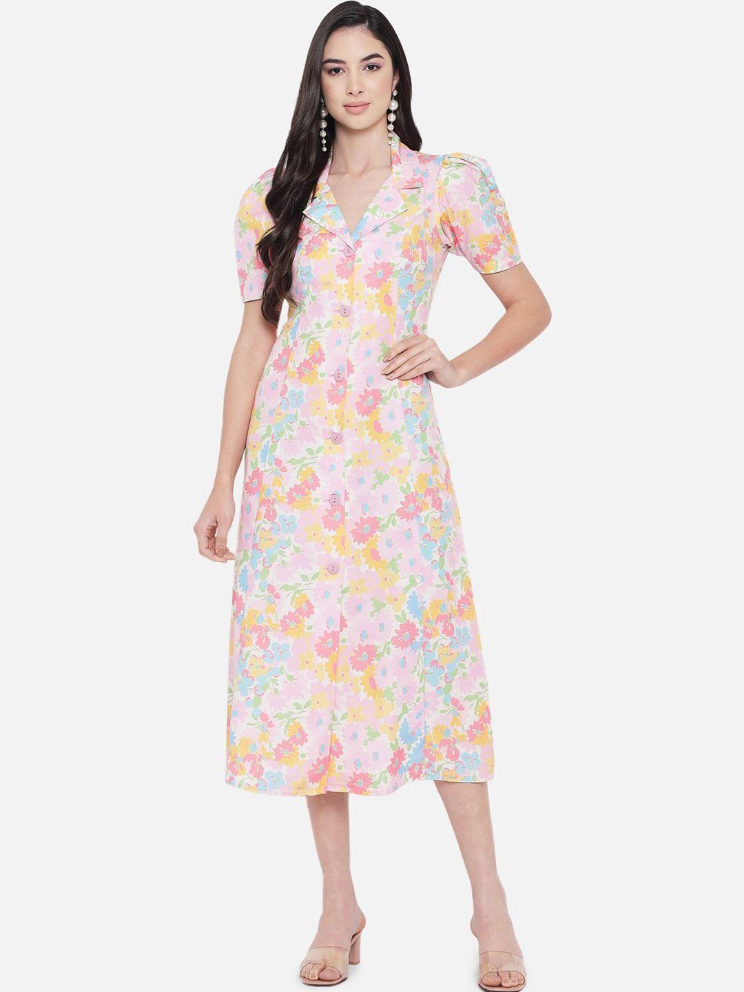 orchid hues white & pink floral printed pure cotton shirt midi dress