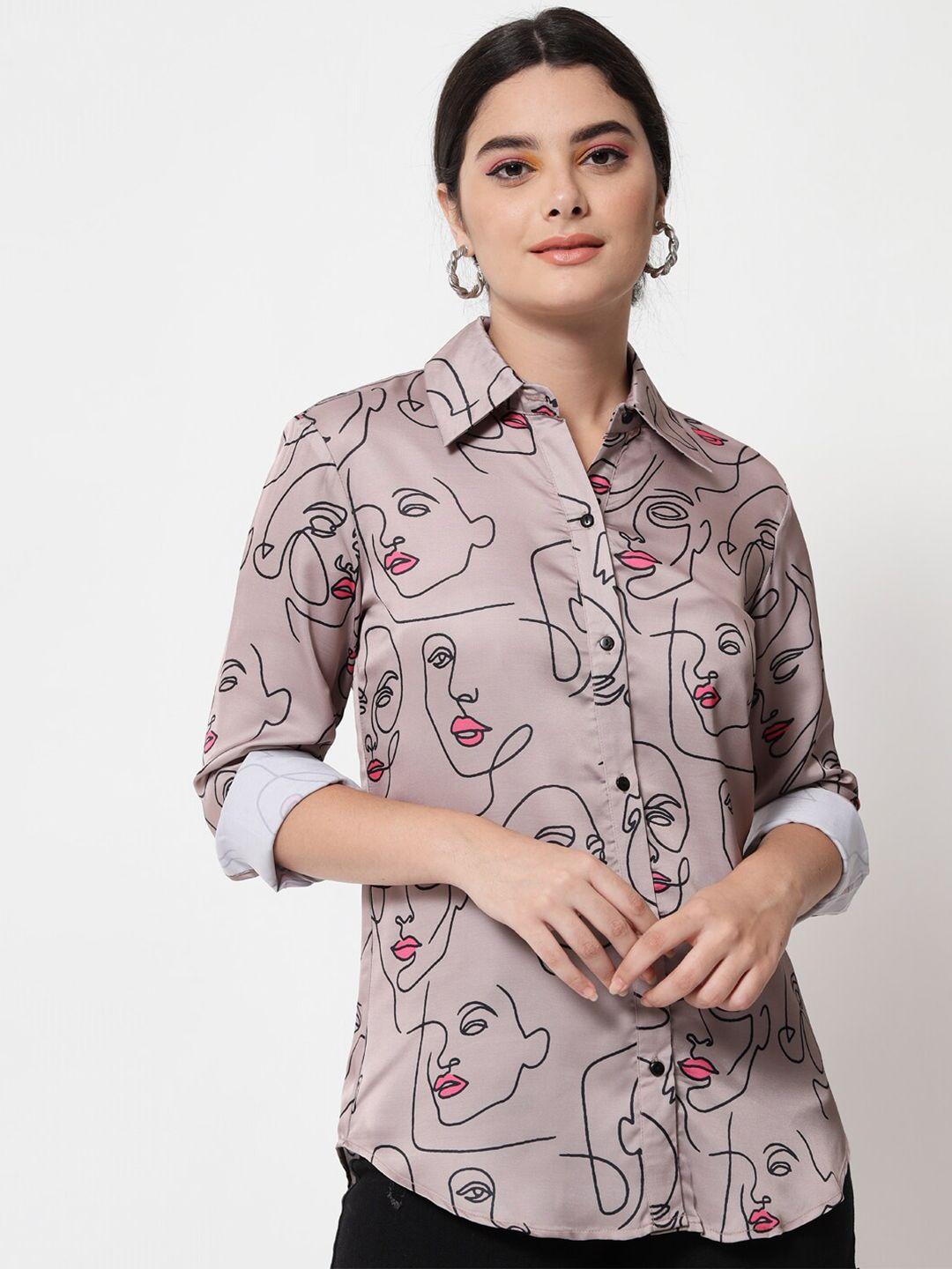 orchid hues women beige comfort printed casual shirt