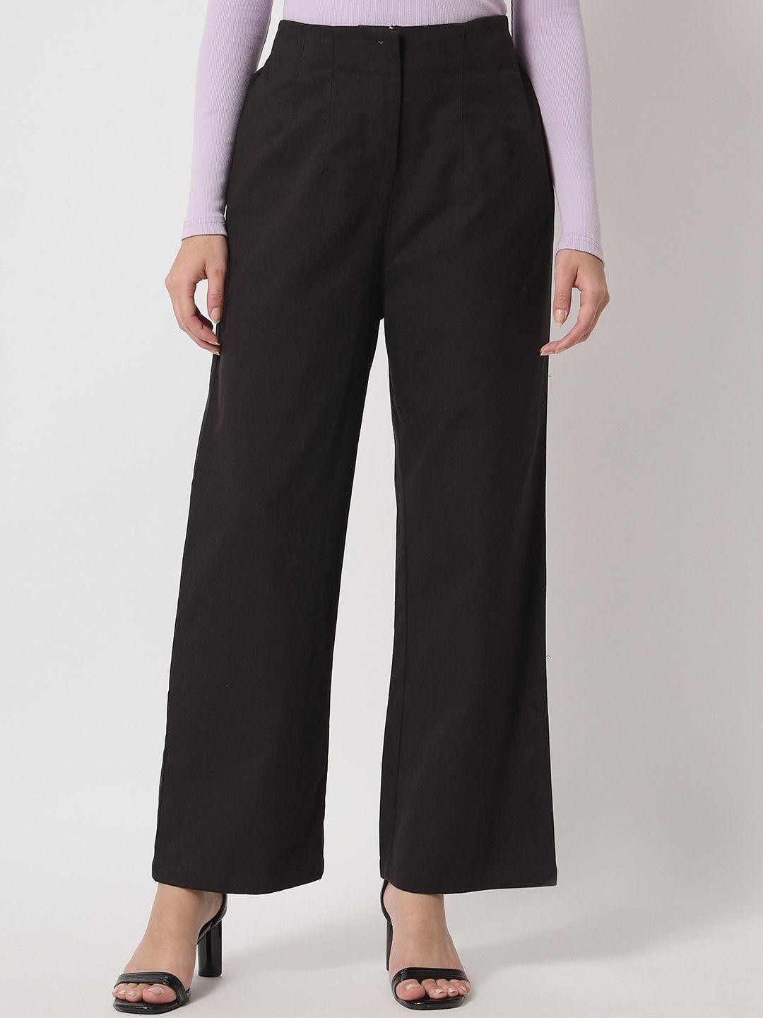 orchid hues women black flared high-rise pure cotton trousers