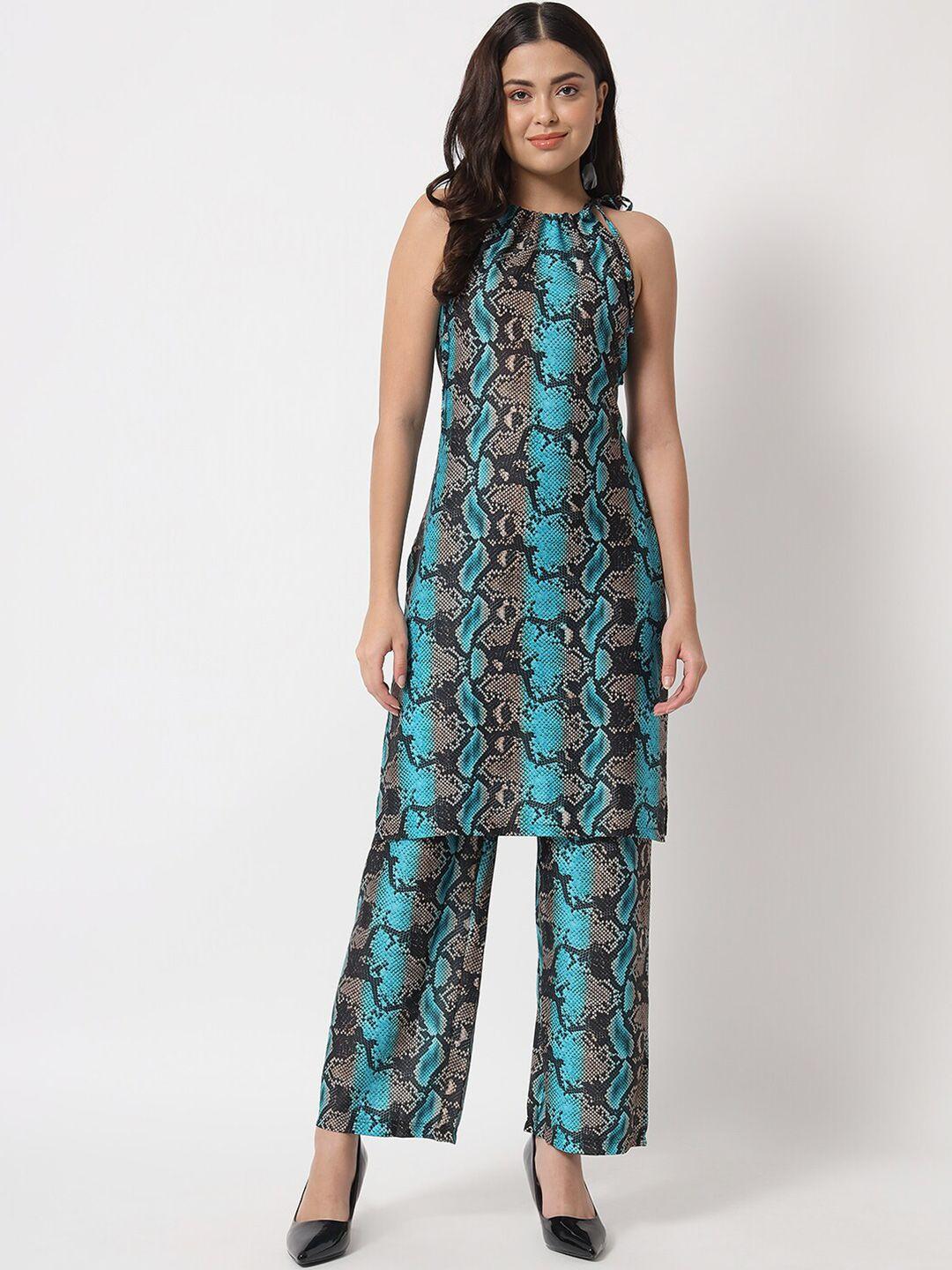 orchid hues women blue & black printed tunic with trousers