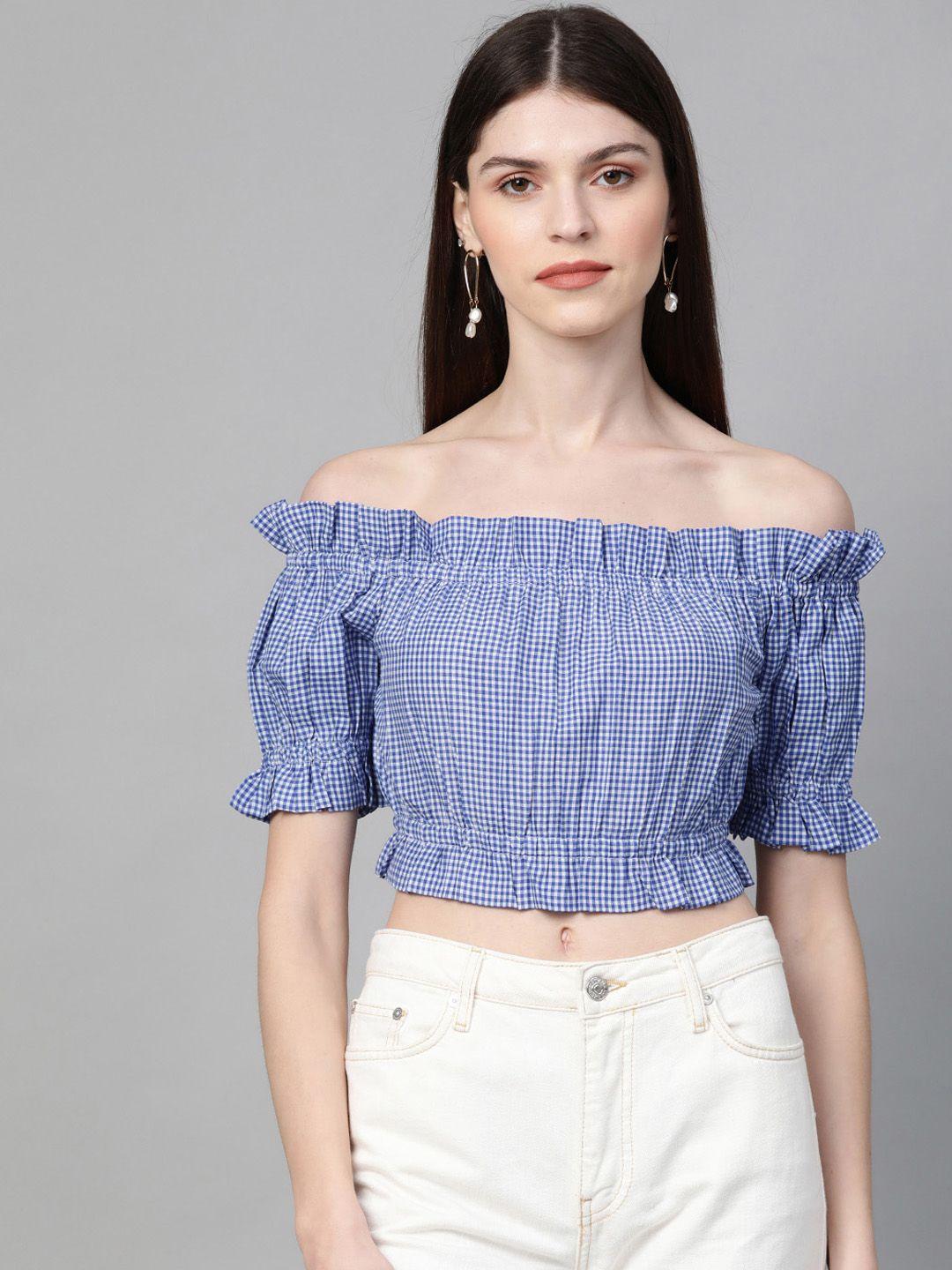 orchid hues women blue & white checked bardot top