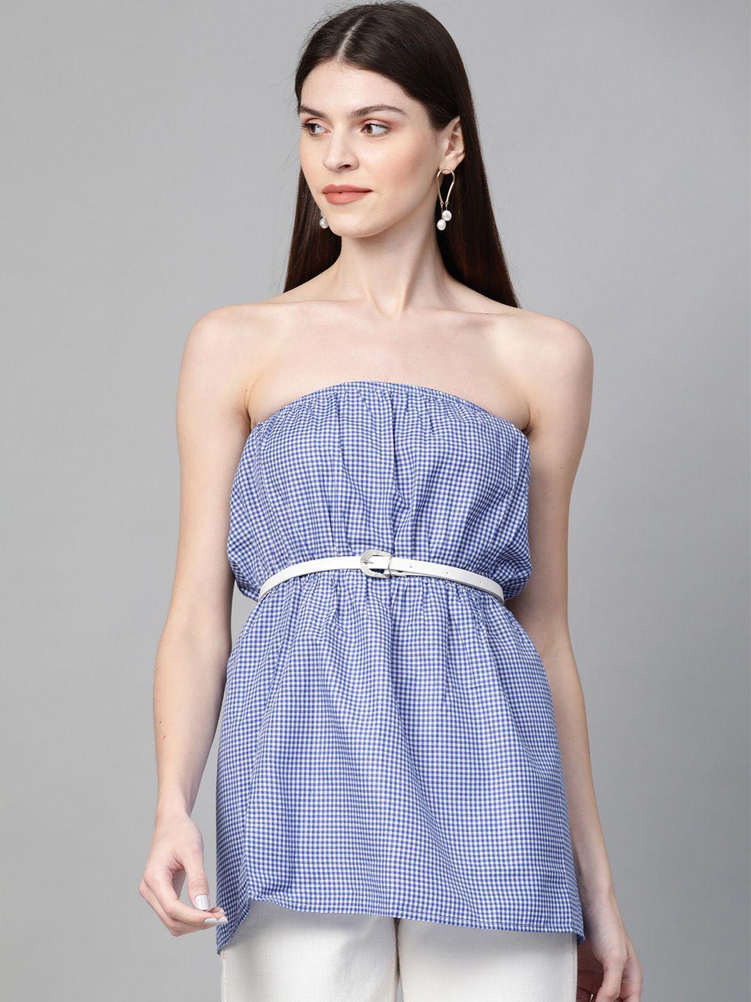 orchid hues women blue & white checked strapless top