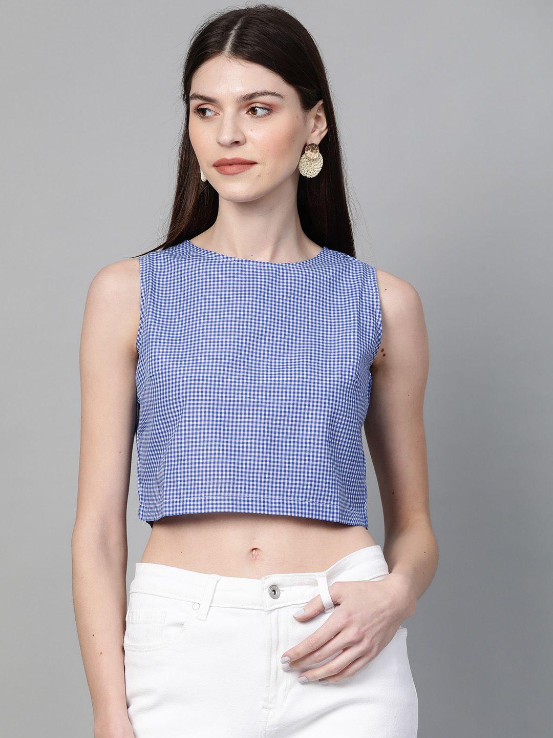 orchid hues women blue & white checked styled back top