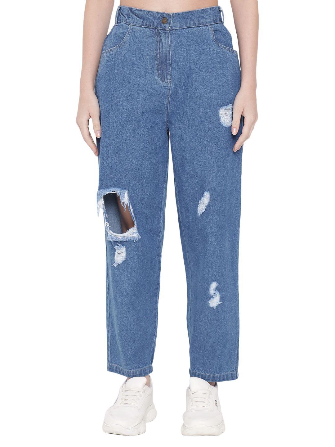 orchid hues women blue cotton high-rise highly distressed jeans