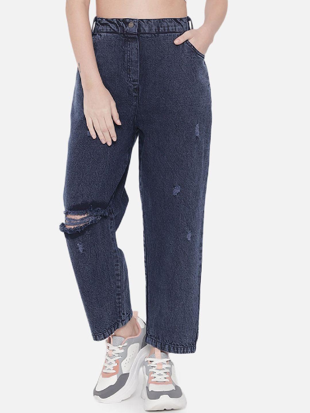 orchid hues women blue cotton high-rise mildly distressed jeans