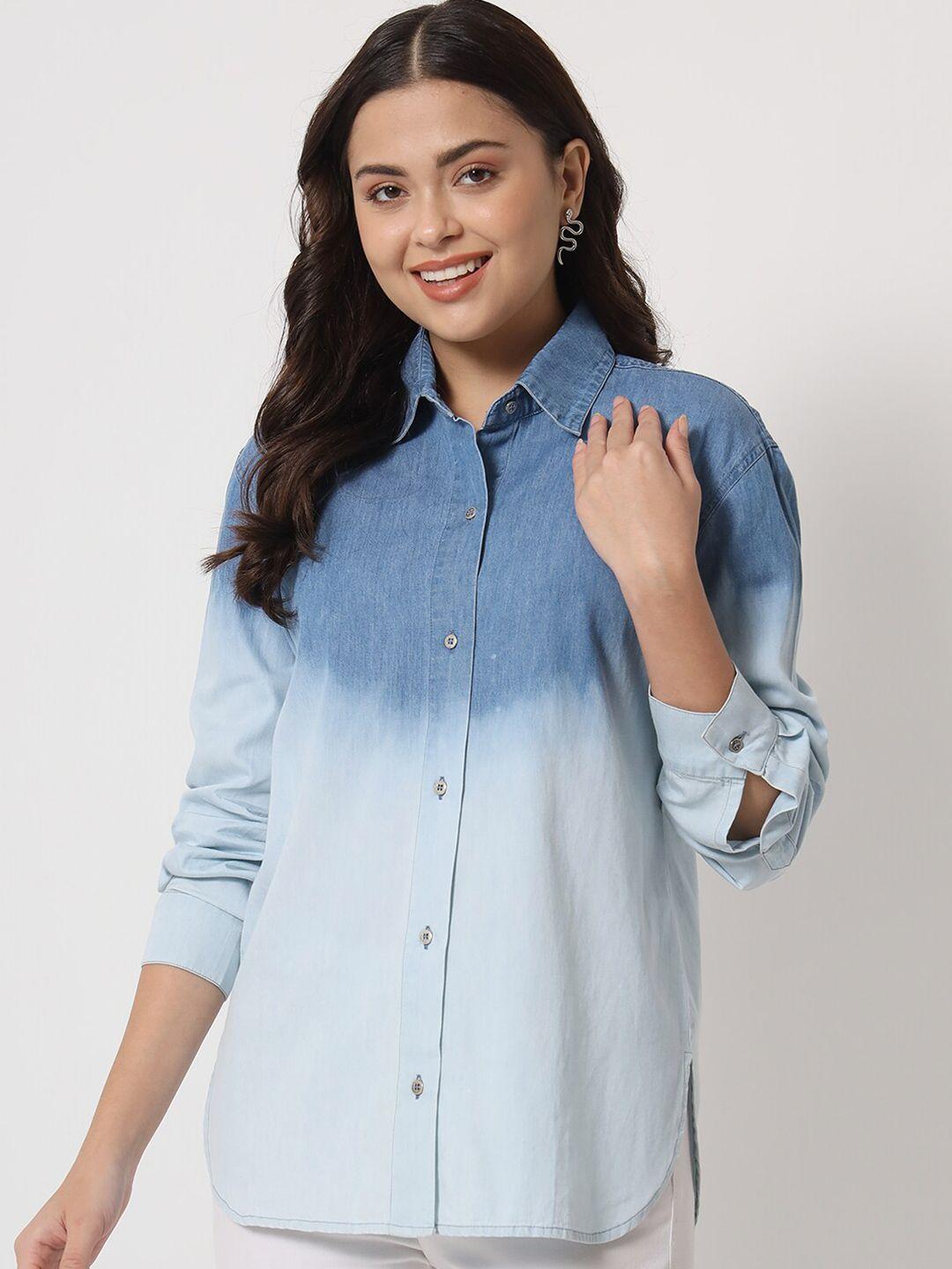 orchid hues women blue faded cotton casual shirt