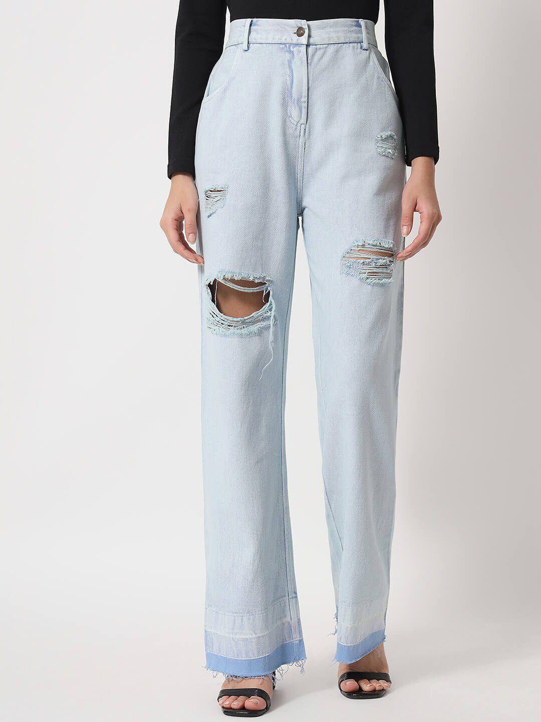 orchid hues women blue flared high-rise highly distressed cotton jeans