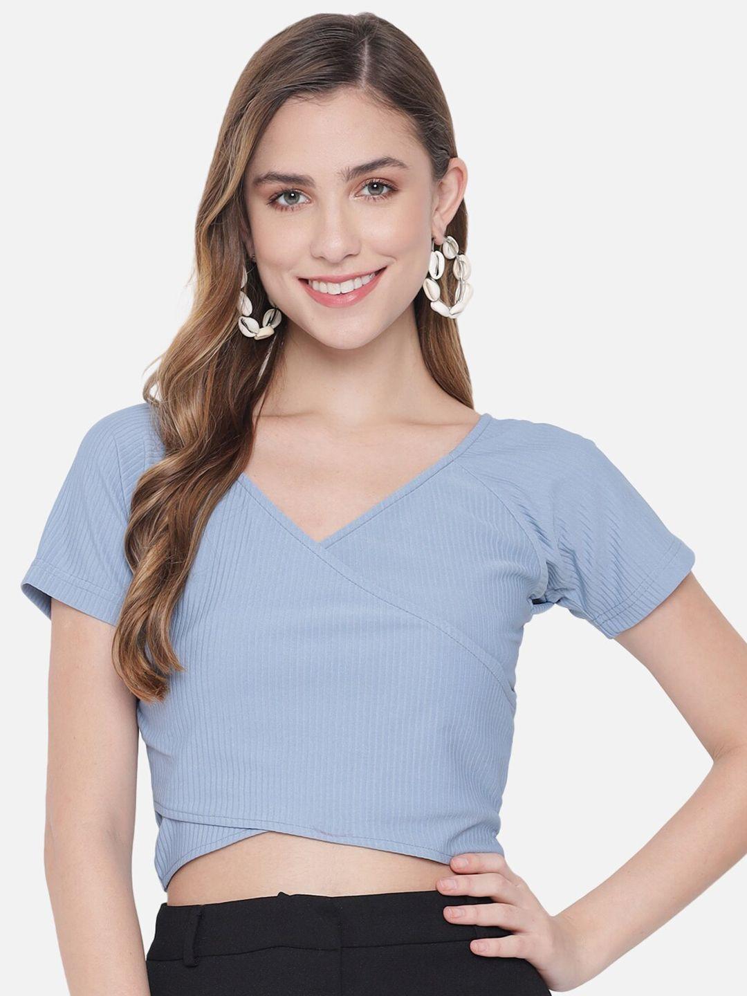 orchid hues women blue solid wrap crop top