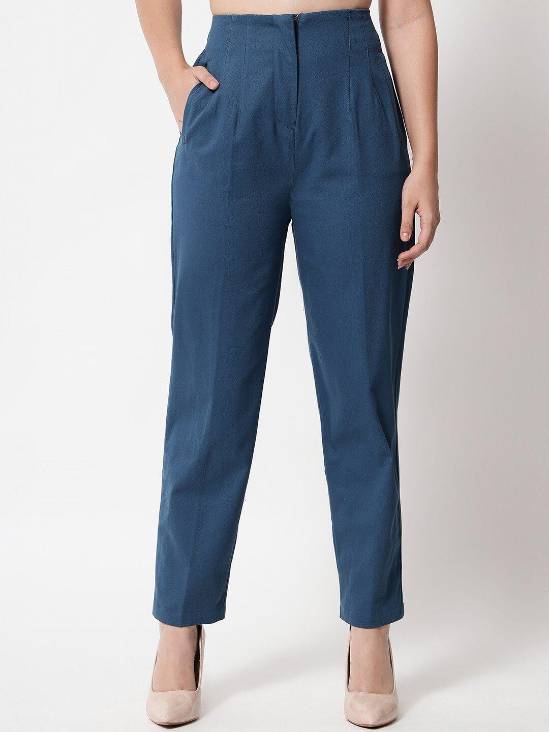 orchid hues women blue tapered fit high-rise pleated cotton trouser