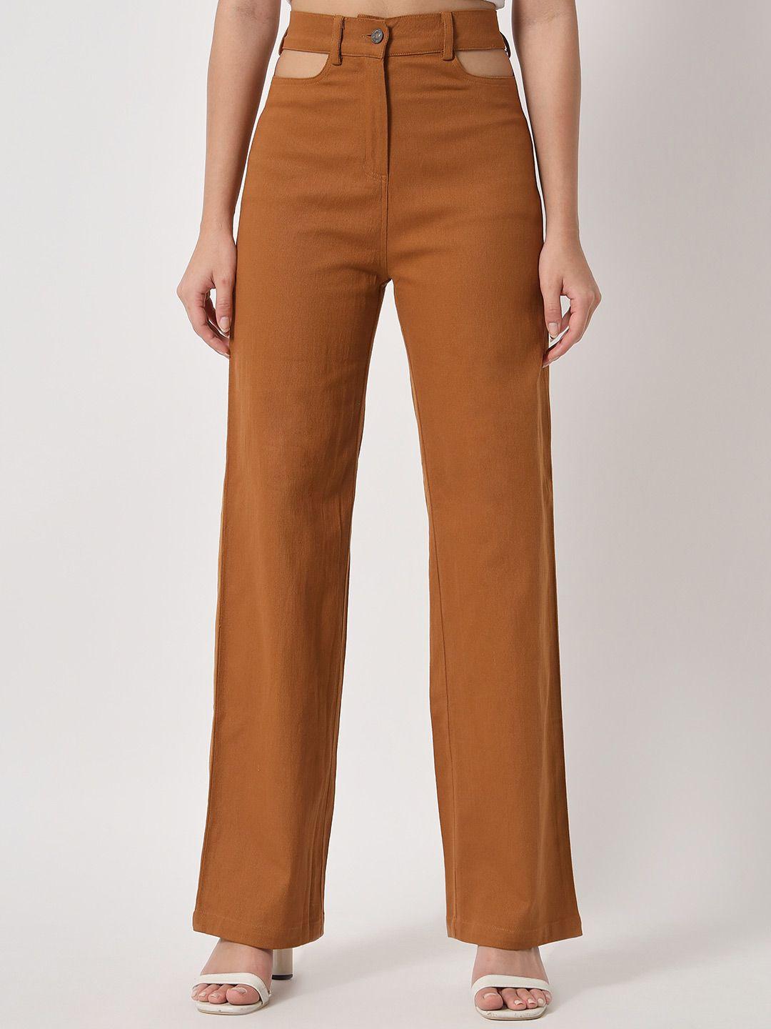 orchid hues women brown flared high-rise cotton trousers