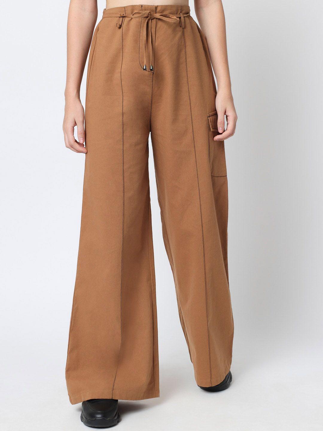 orchid hues women brown loose fit high-rise cotton trousers