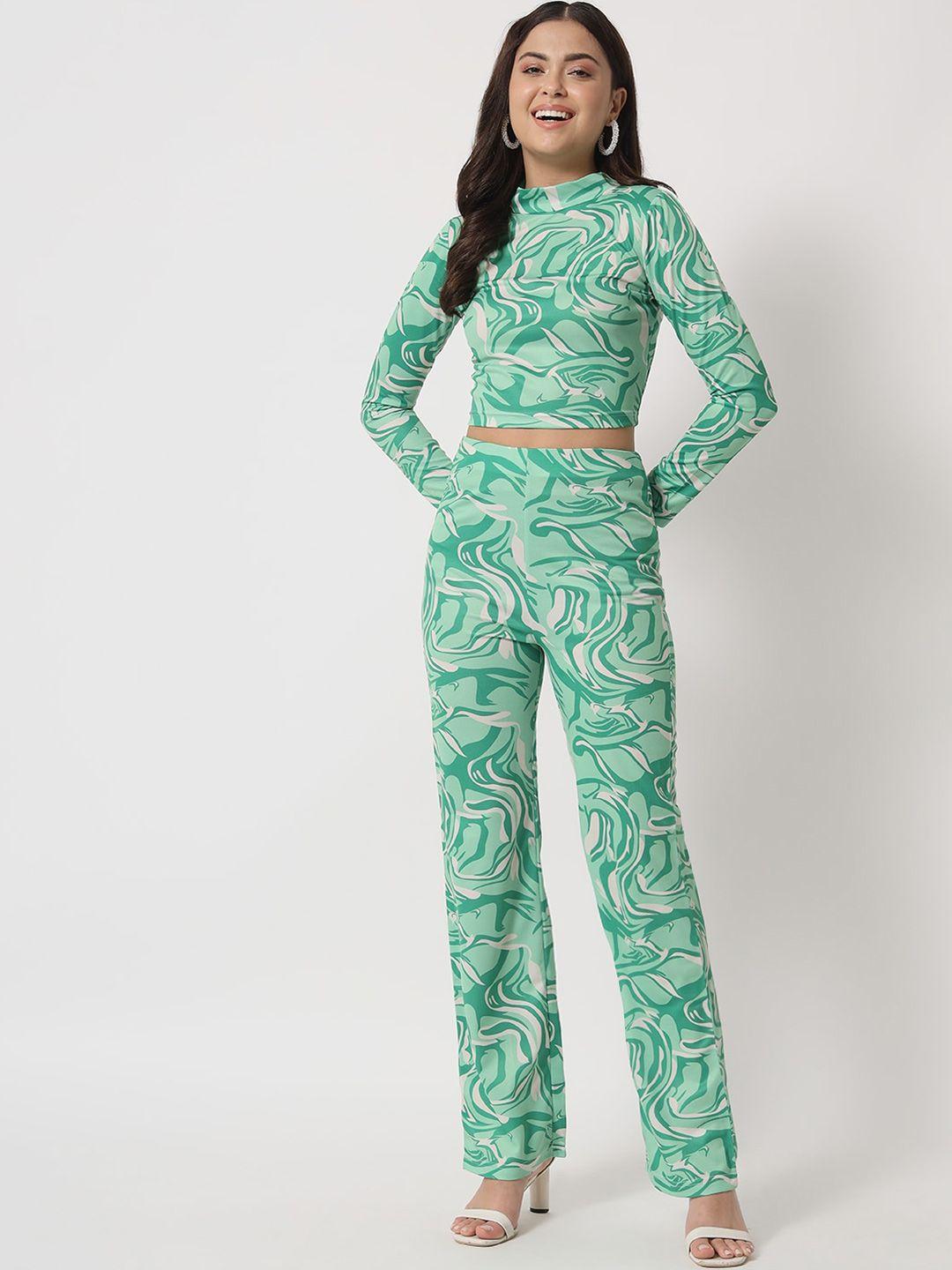 orchid hues women green & white printed top with trouser