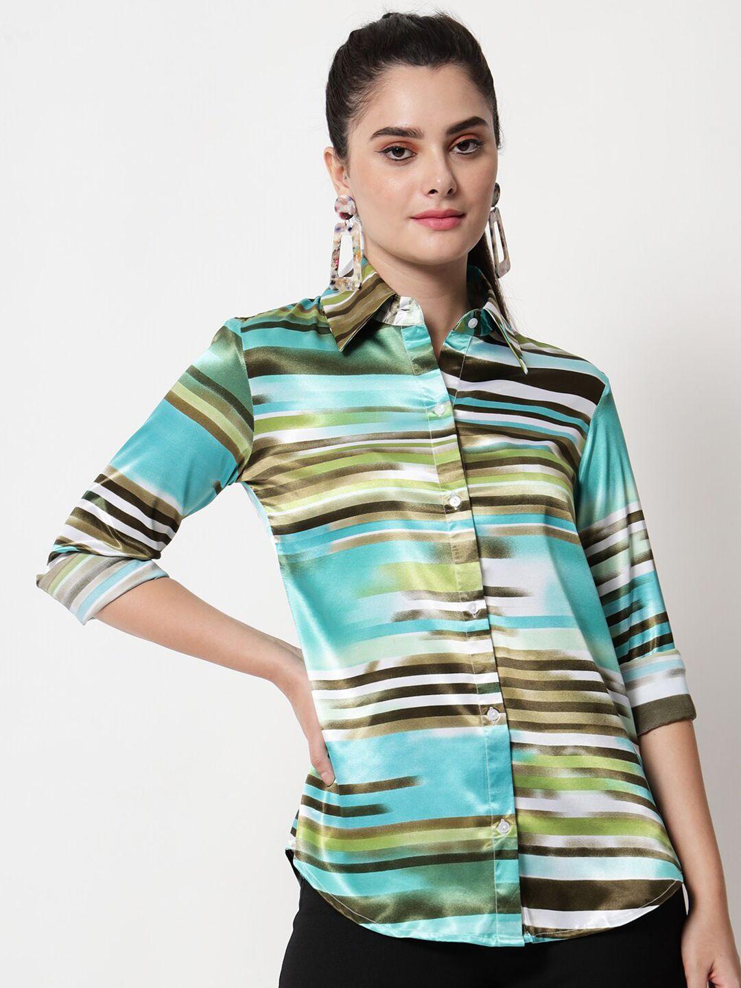 orchid hues women green comfort horizontal stripes striped casual shirt