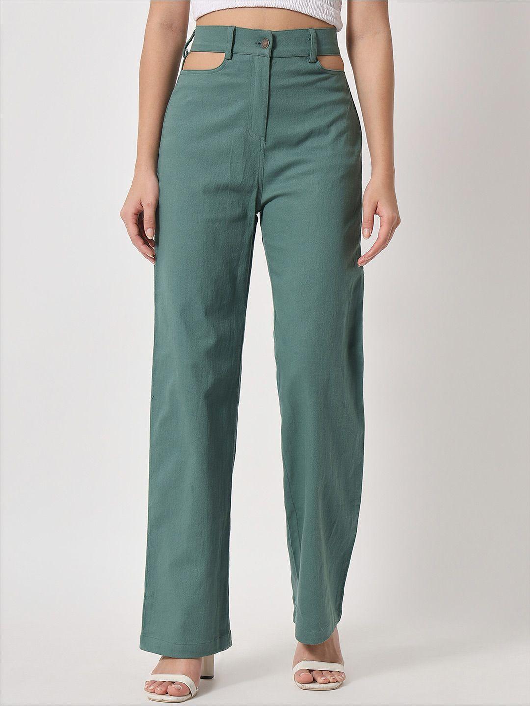 orchid hues women green flared high-rise pure cotton trousers