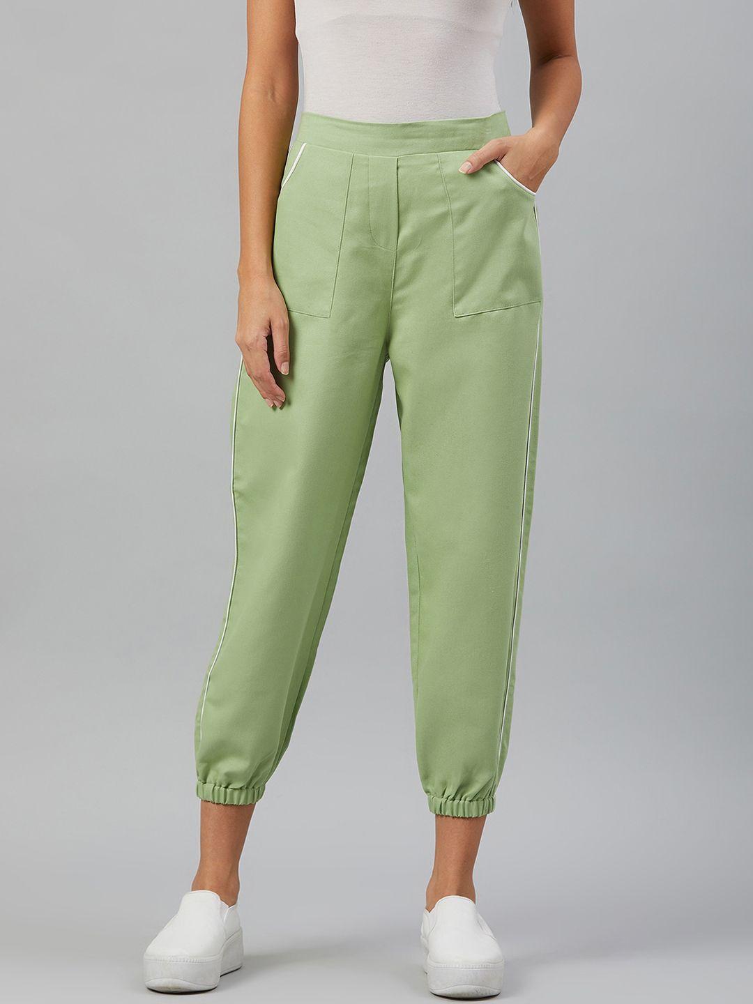 orchid hues women green loose fit high-rise pure cotton joggers trousers