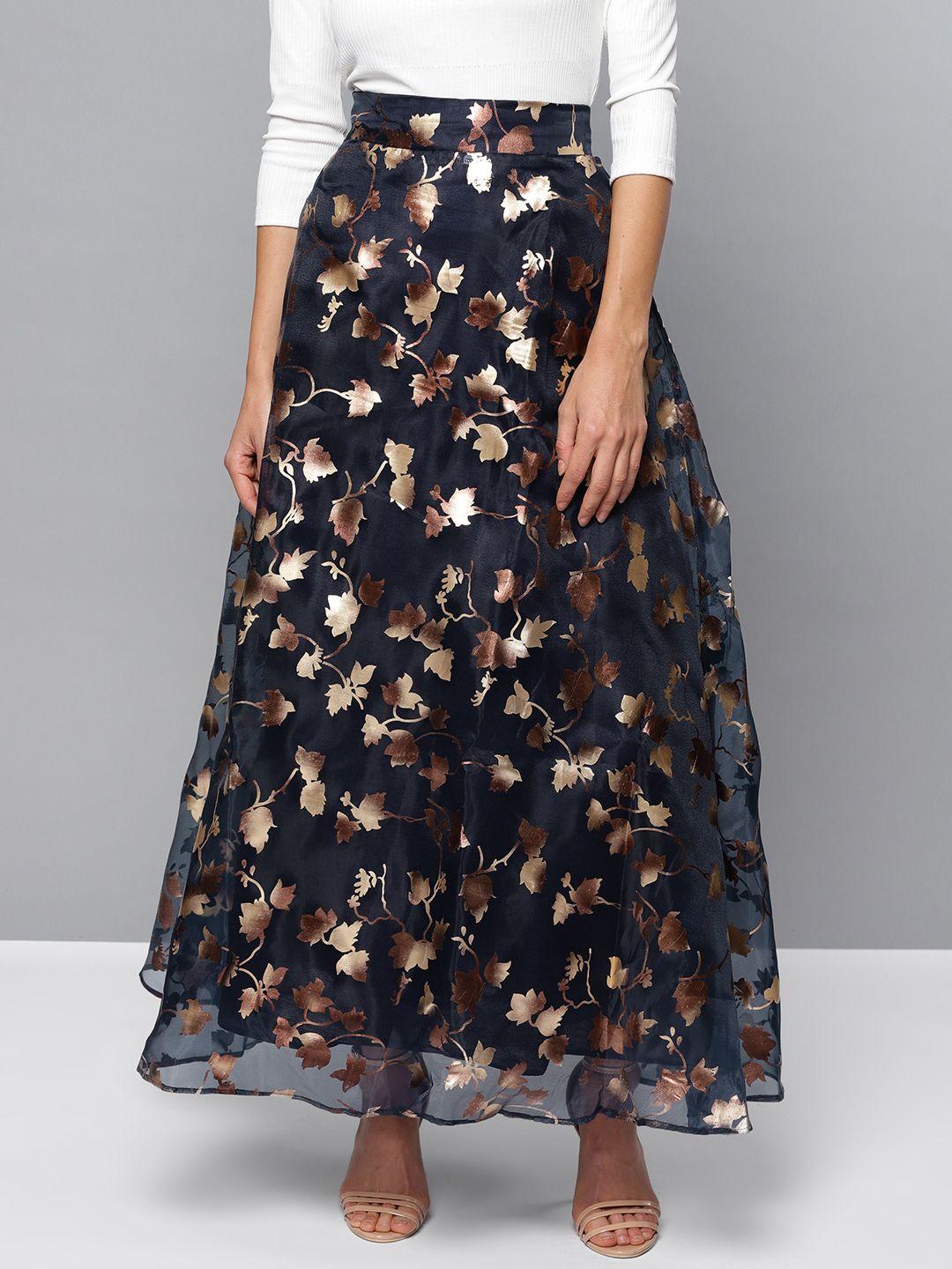 orchid hues women navy blue & golden printed maxi skirt