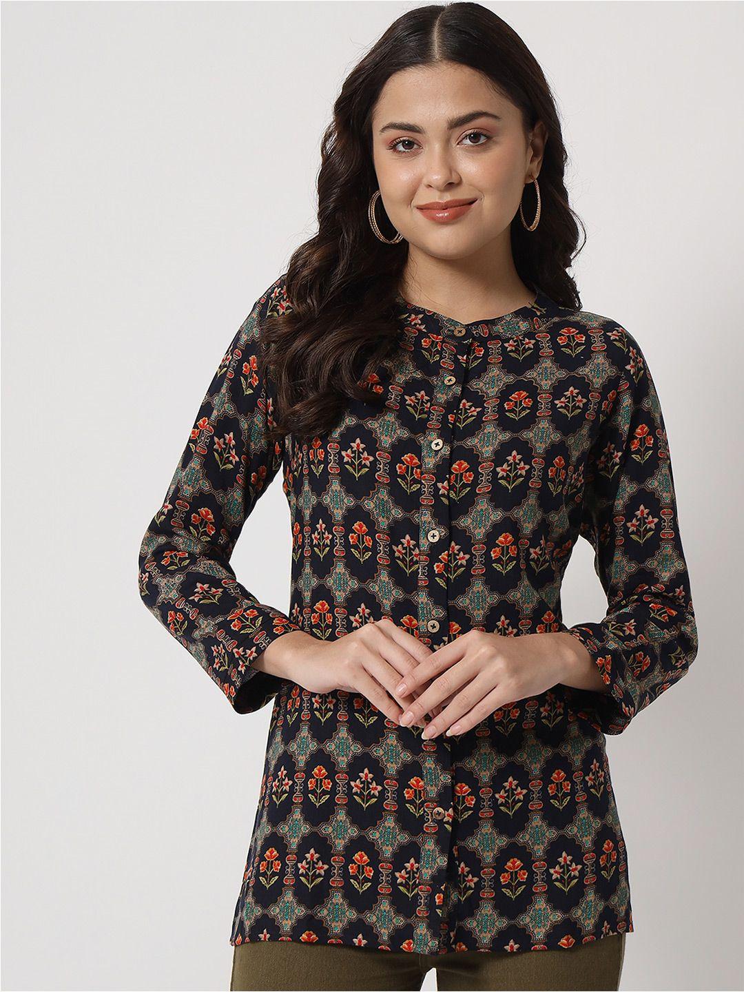 orchid hues women navy blue & orange floral printed pure cotton shirt style top