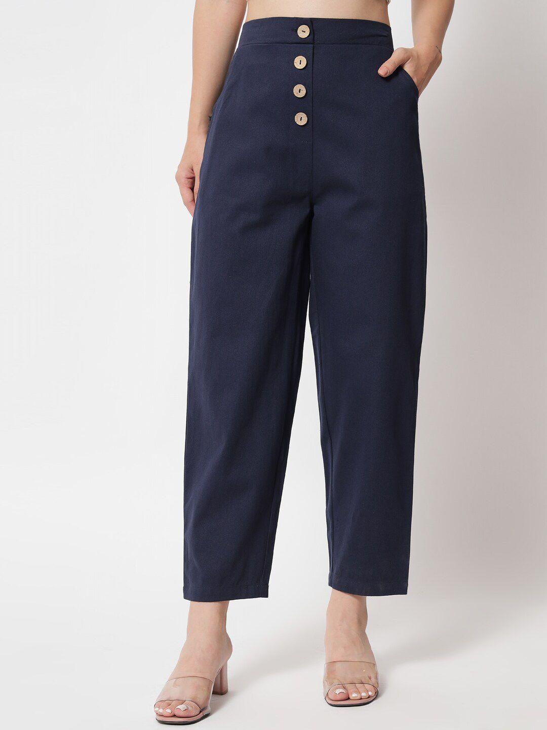 orchid hues women navy blue high-rise twill pure cotton trousers