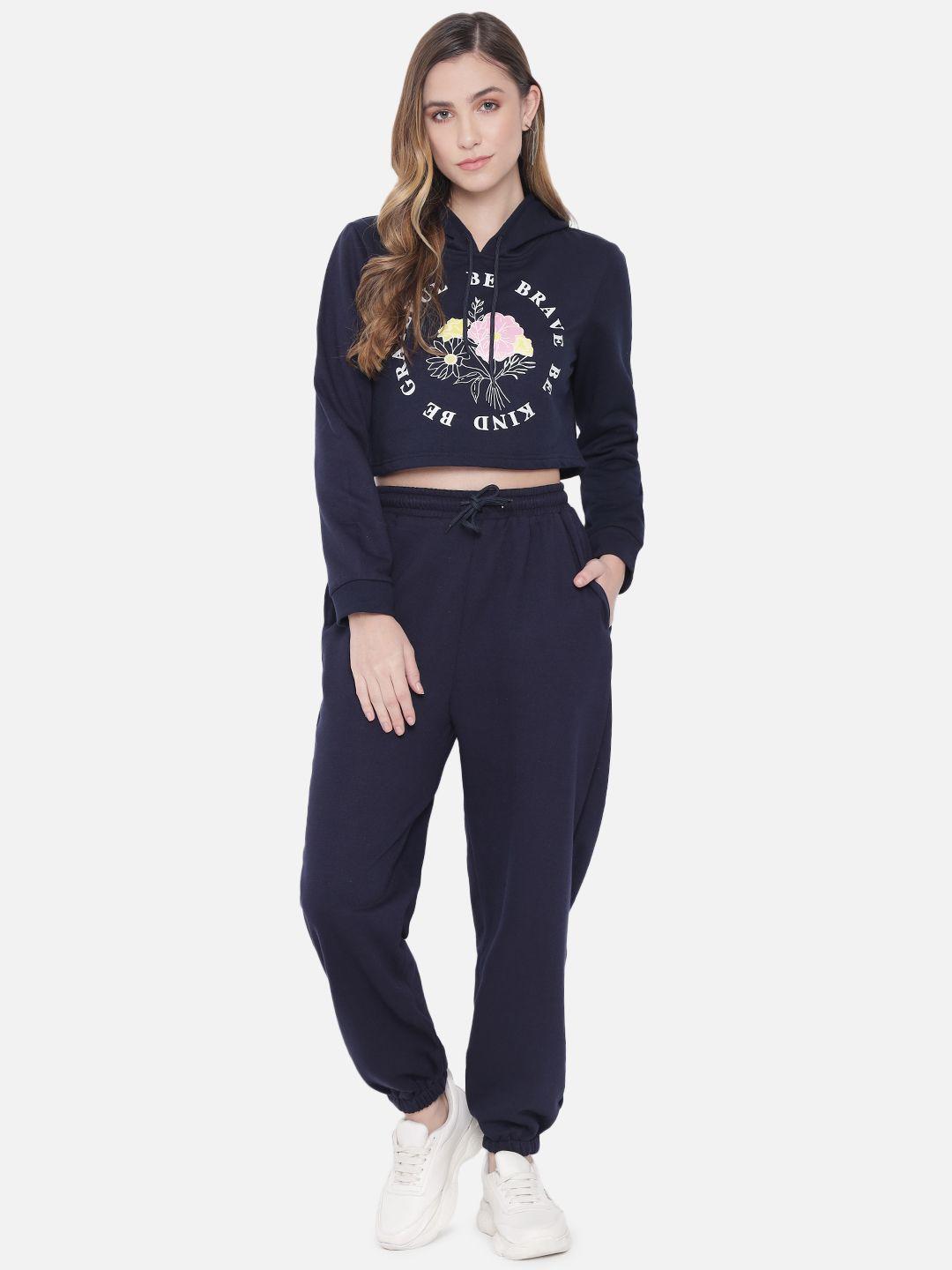 orchid hues women navy blue printed hooded sweatshirt