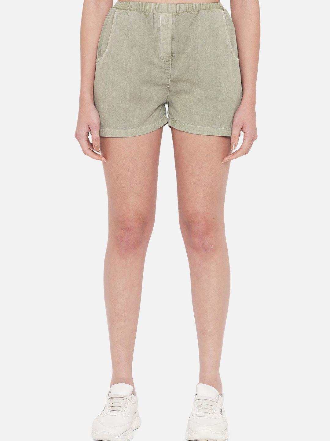 orchid hues women olive green e-dry technology denim washed shorts