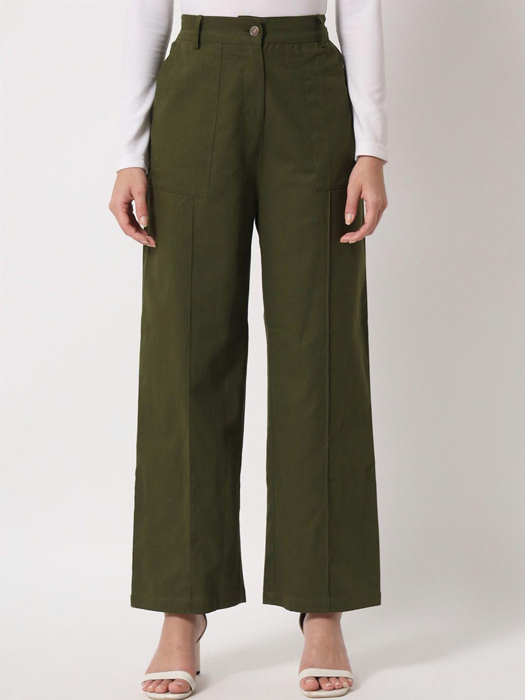 orchid hues women olive green flared pure cotton trousers