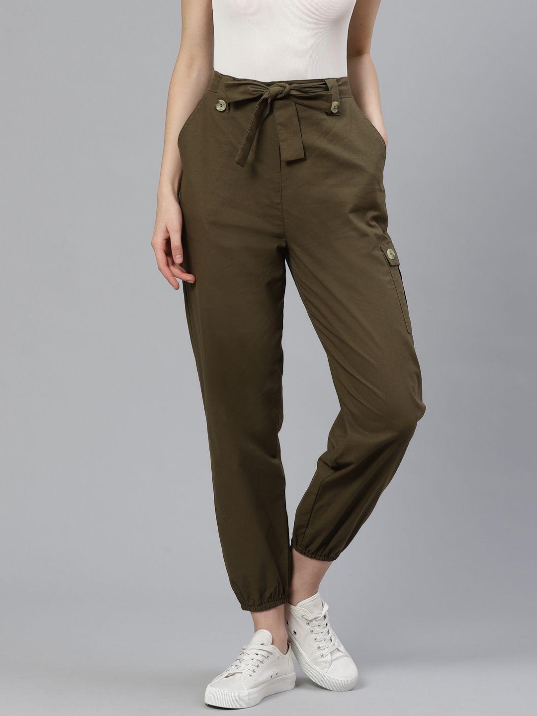 orchid hues women olive green loose fit pure cotton joggers