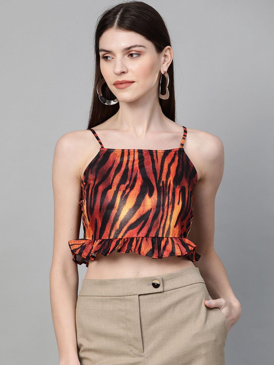 orchid hues women orange & black animal print cropped top