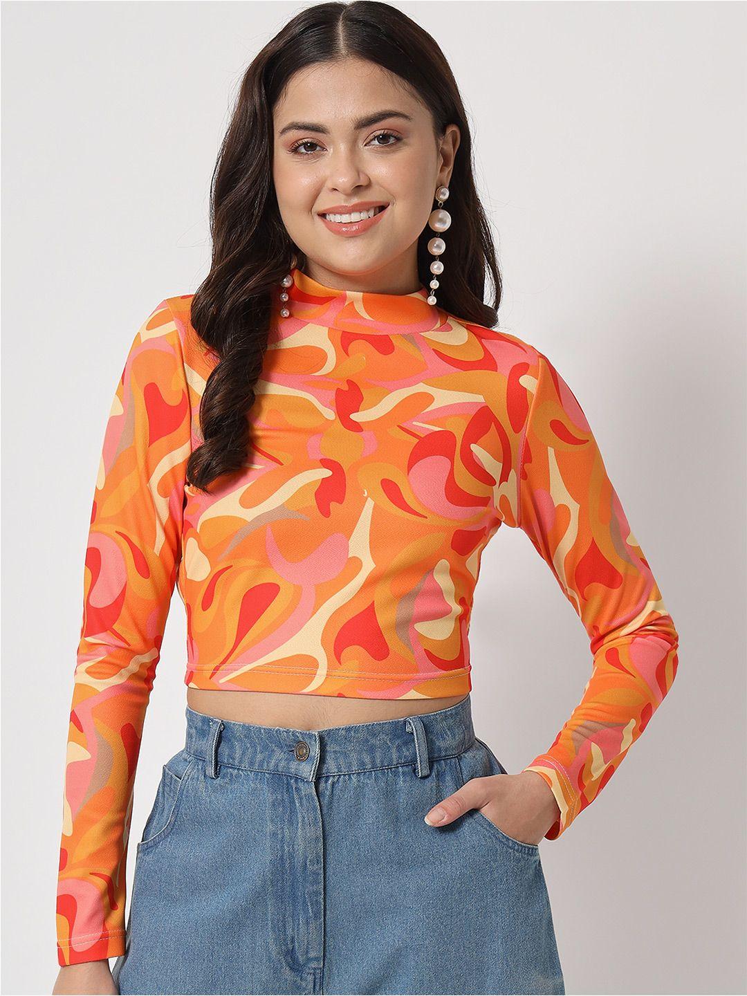 orchid hues women orange & red printed crop fitted top