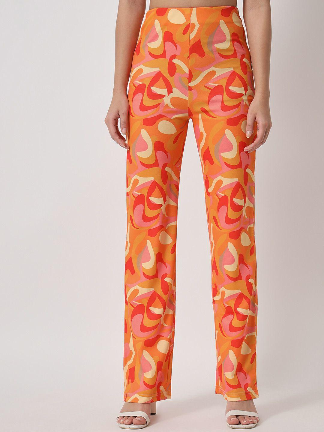 orchid hues women orange printed high-rise trousers