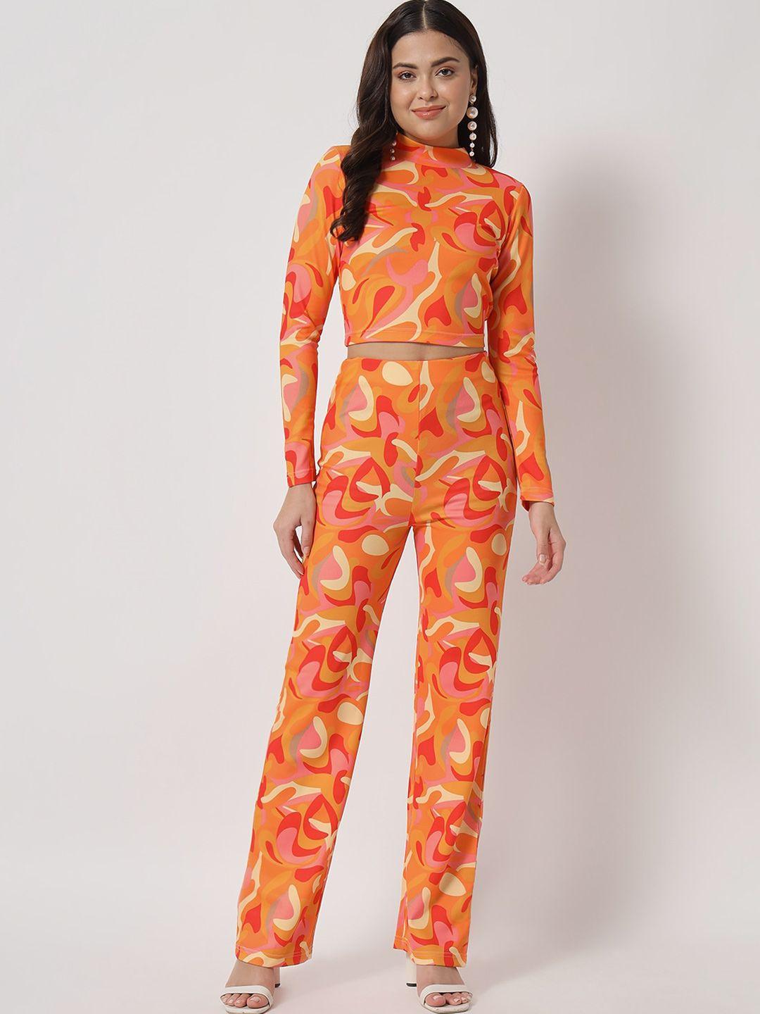 orchid hues women orange printed top with trouser