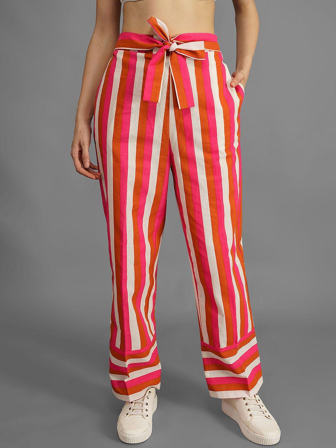 orchid hues women pink striped relaxed flared high-rise trousers