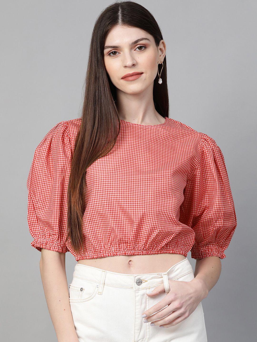 orchid hues women red & white checked cropped blouson top