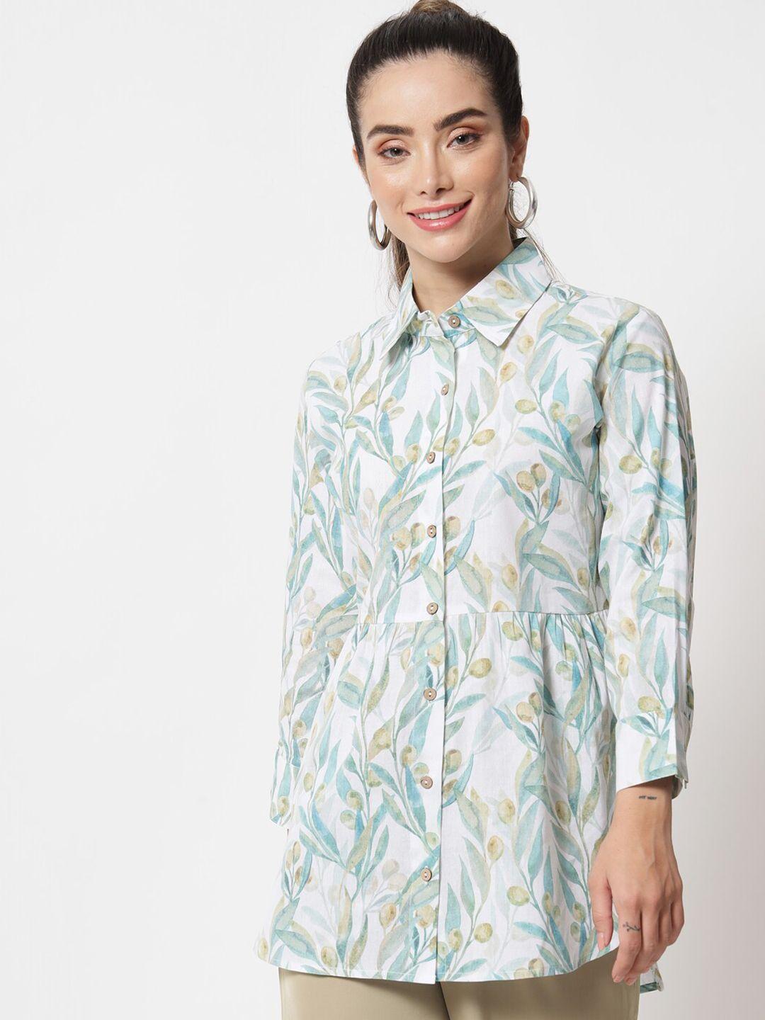 orchid hues women white classic floral printed 100 % cotton casual shirt