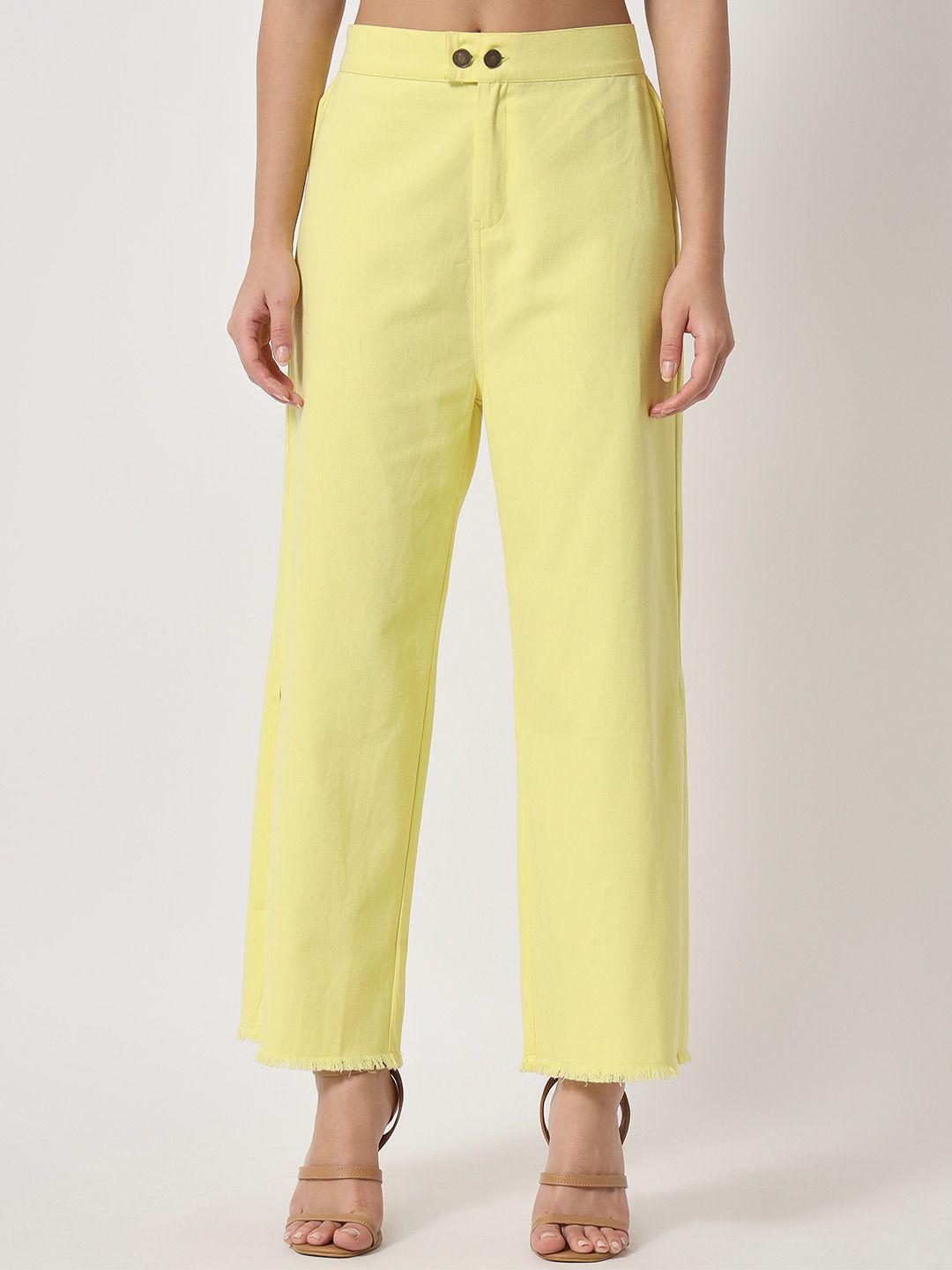 orchid hues women yellow flared high-rise pure cotton trousers