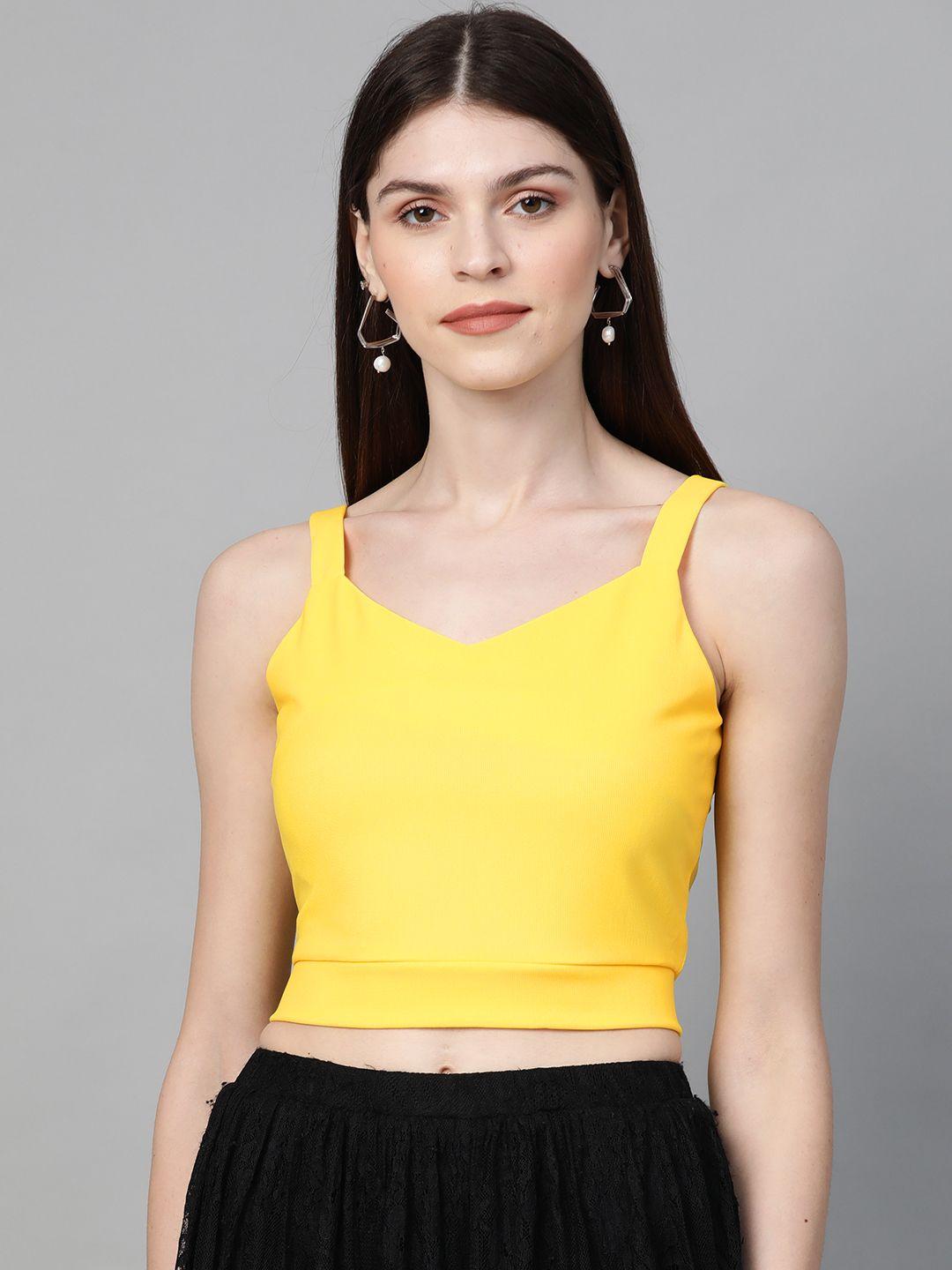 orchid hues women yellow solid cropped fitted top