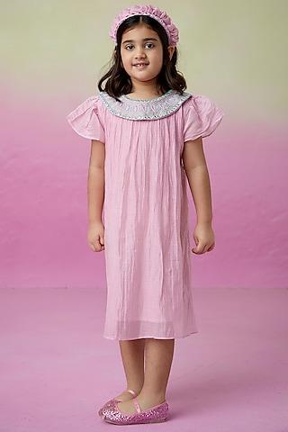 orchid pink chanderi embroidered collar dress for girls