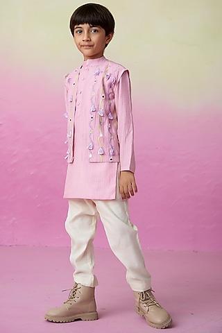 orchid pink chanderi mirror embroidered nehru jacket set for boys