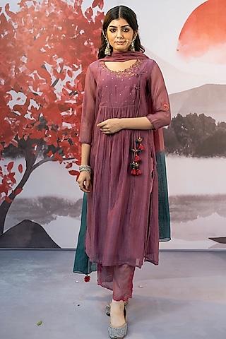 orchid pink cotton silk thread embroidered kurta set