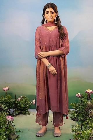 orchid pink cotton silk thread embroidered kurta set