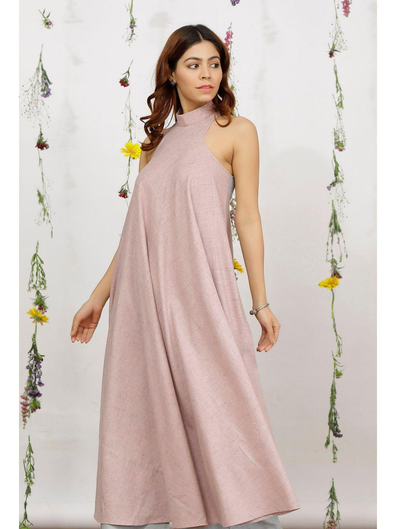 orchid pink khadi cotton flared halter neck kurta