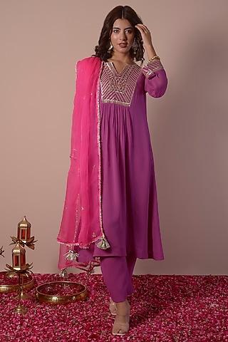 orchid purple georgette hand embroidered kurta set