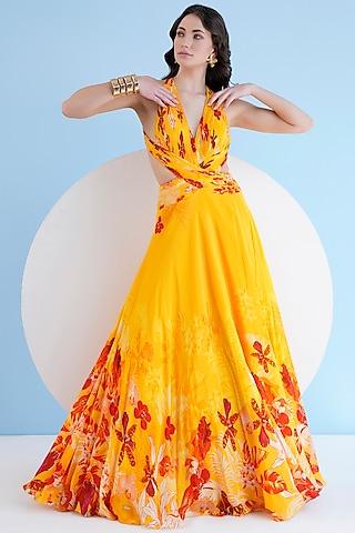 orchid yellow chiffon floral printed halter maxi dress