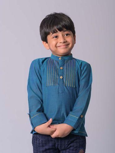 organic cotton teal kurta with anchor thread detailing with pleats