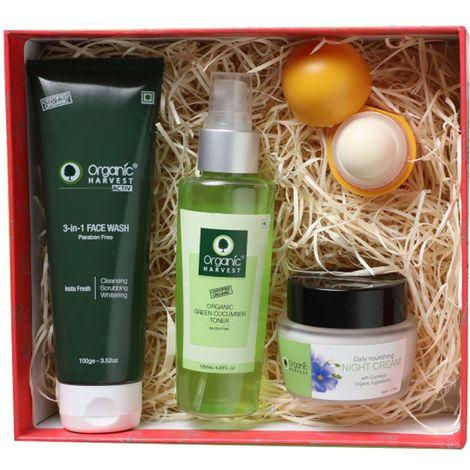 organic harvest night care kit gift box (3-in-1 face wash 100gm, green cucmmber toner 125ml, daily nourishing night cream 50gm & shea butter lip balm 10gm)