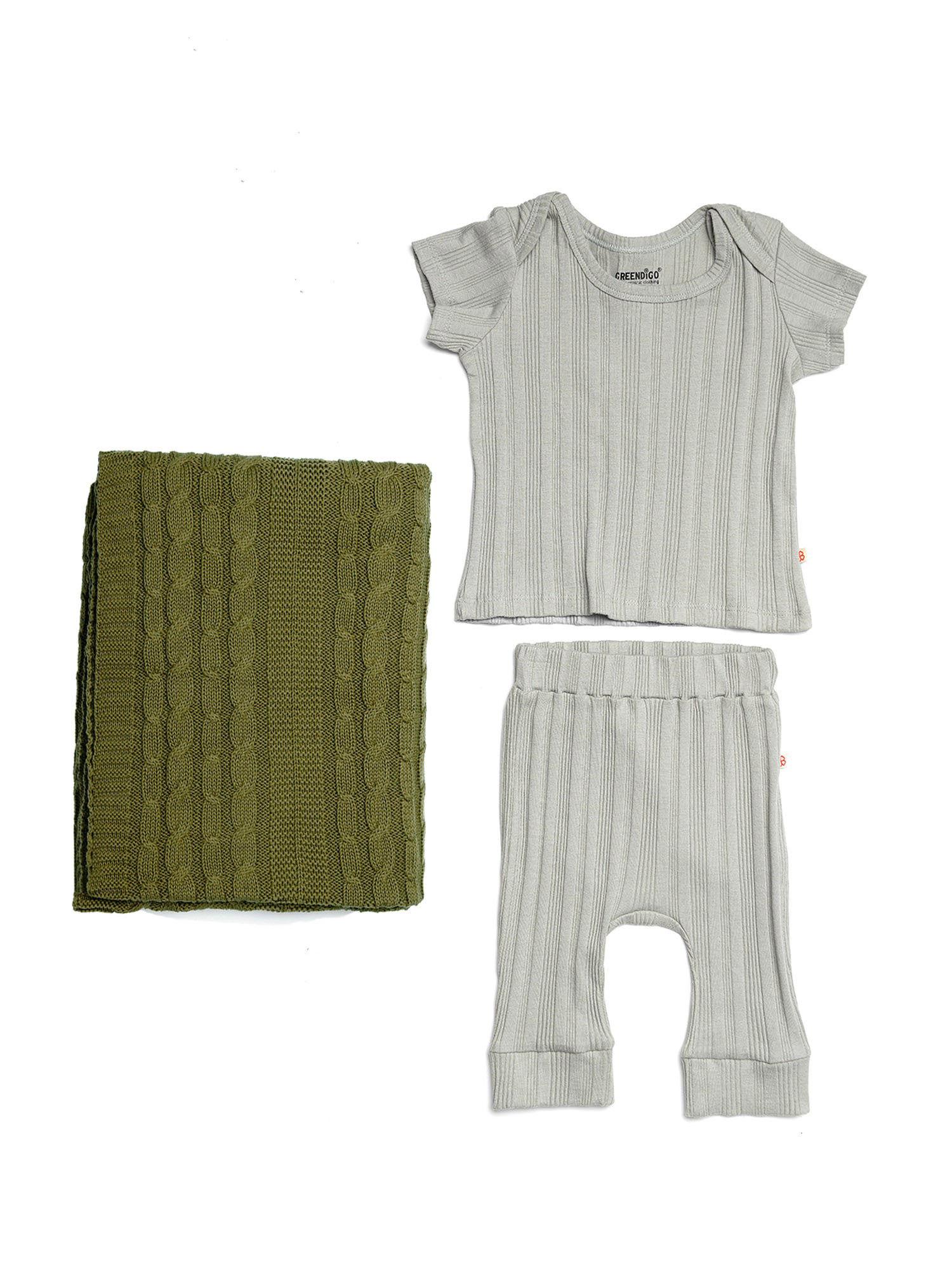 organic cotton solid top pant and blanket (set of 3)