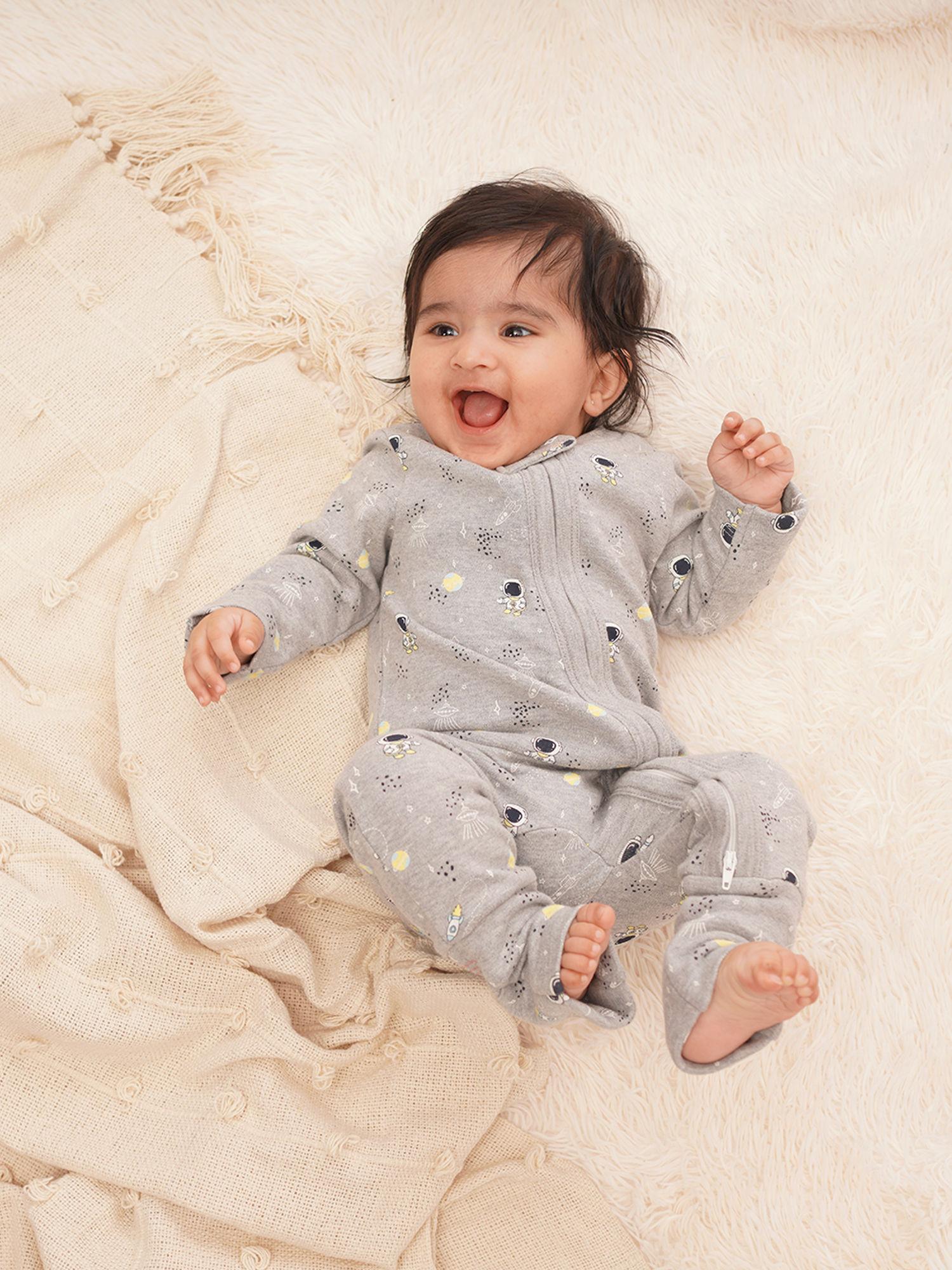 organic cotton unisex baby grey printed zipper sleepsuit, romper, nightsuit - pack of 1