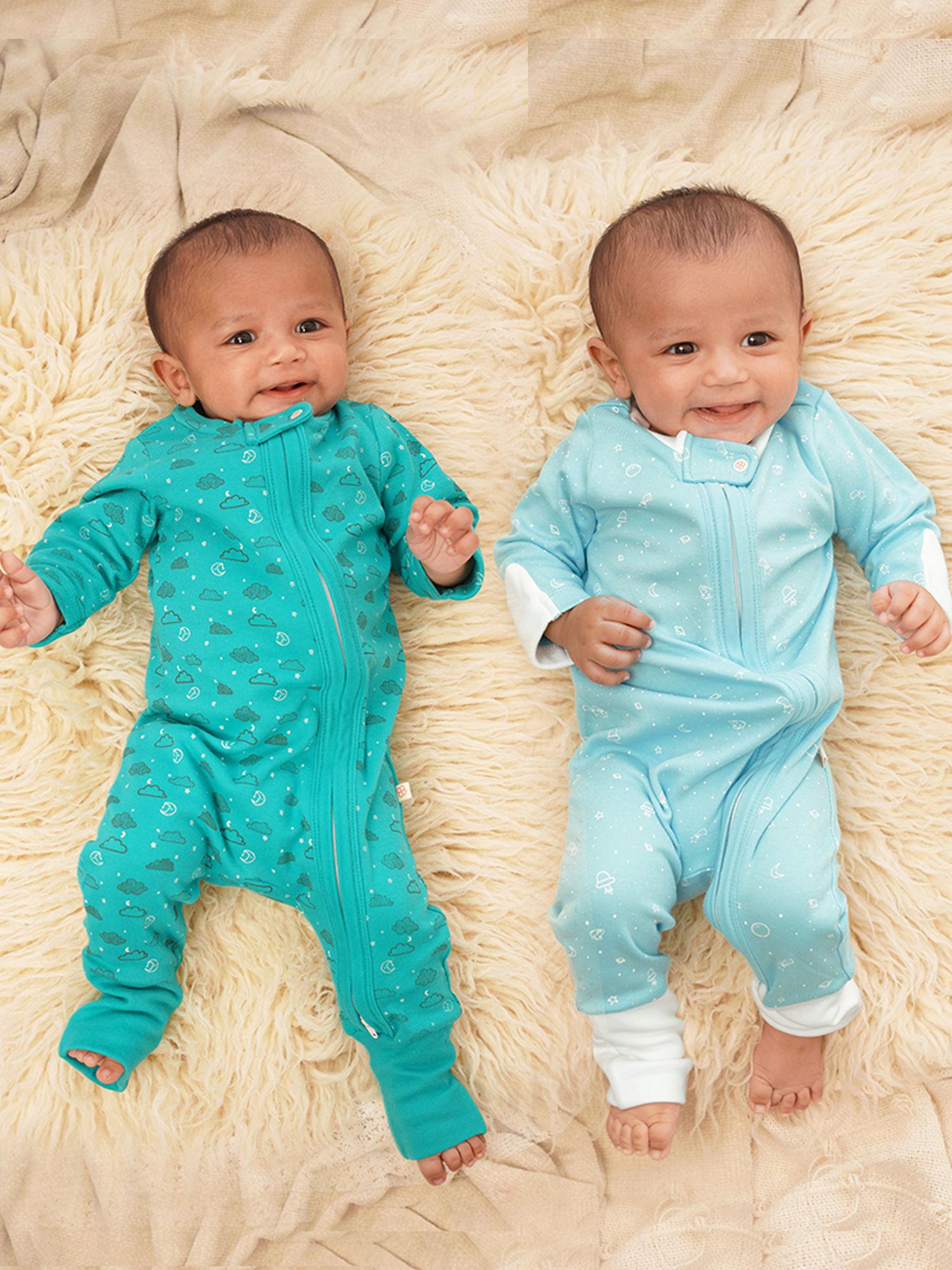 organic cotton unisex baby multicolour zipper sleepsuit, romper, nightsuit - pack of 2