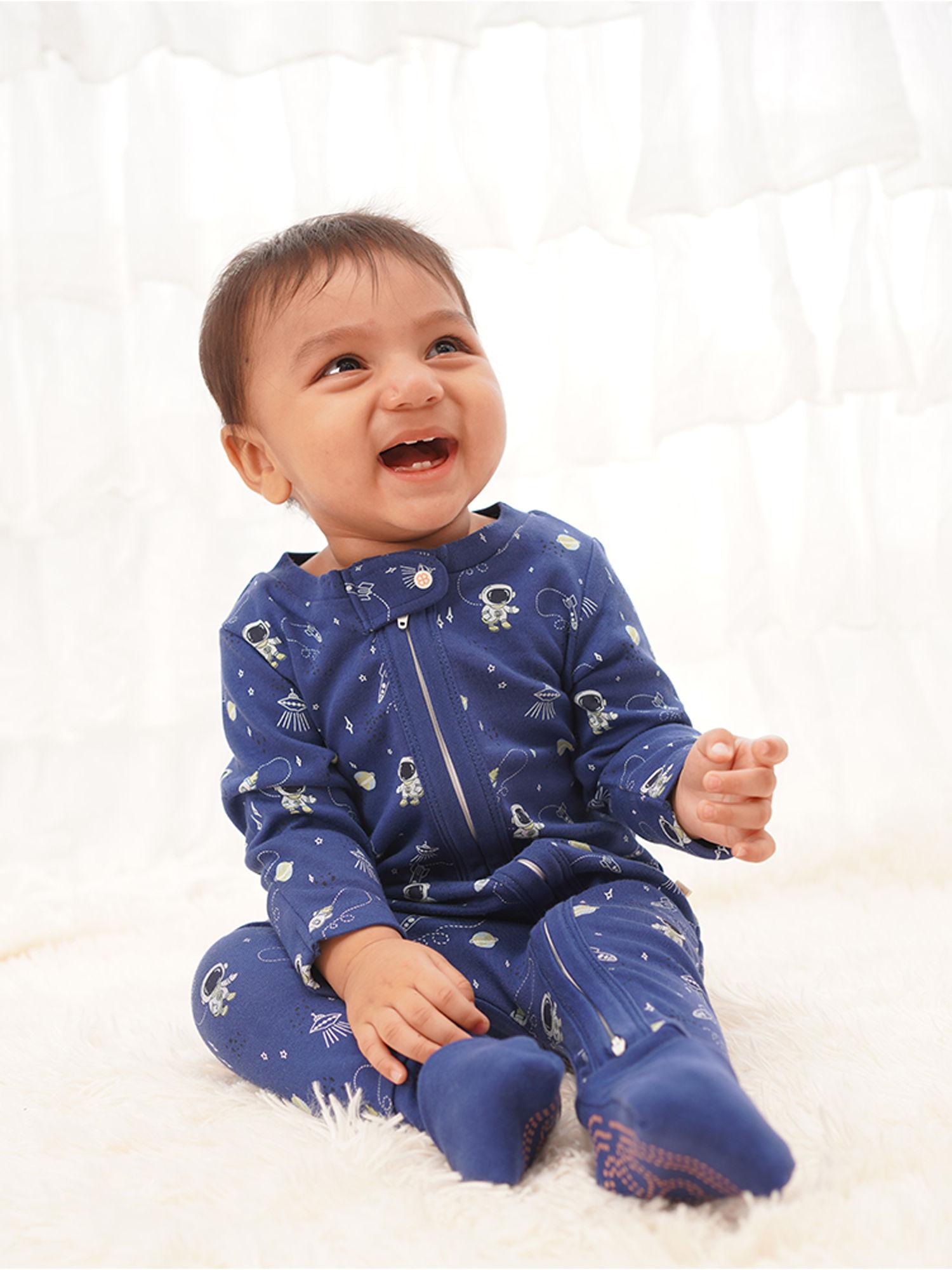 organic cotton unisex baby royal blue zipper sleepsuit, romper, nightsuit - pack of 1
