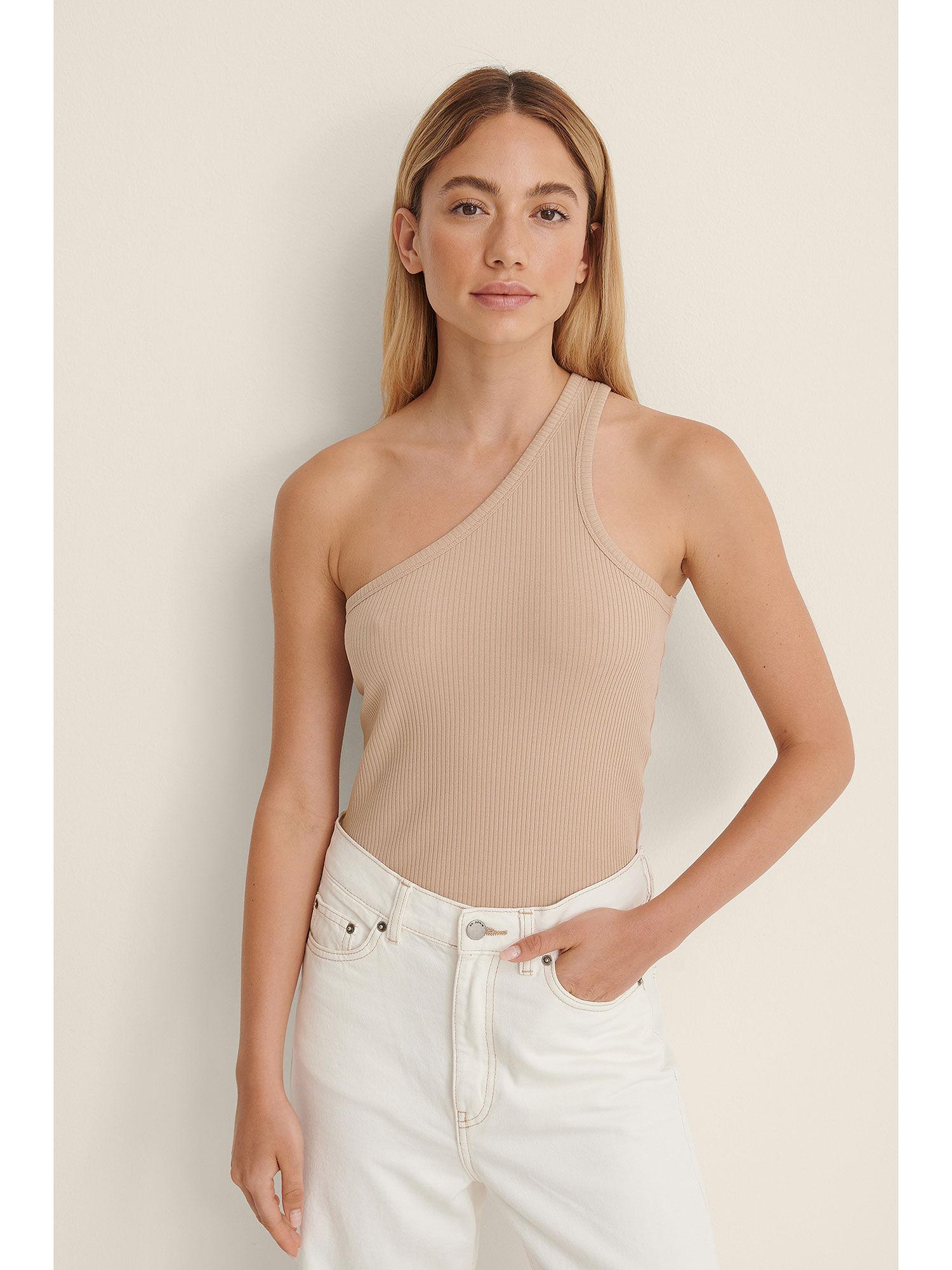 organic one shoulder ribbed top-beige