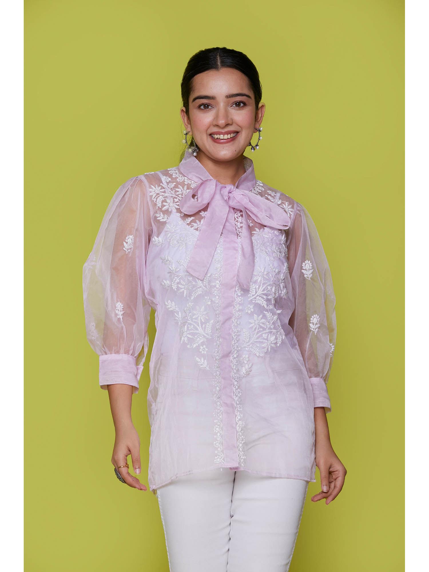 organza chikankari womens shirt-pink